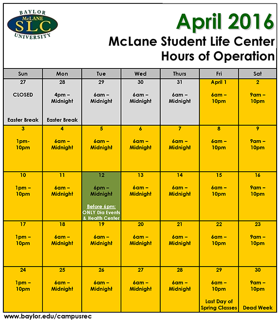 Baylor University Campus Recreation Facilities Hours