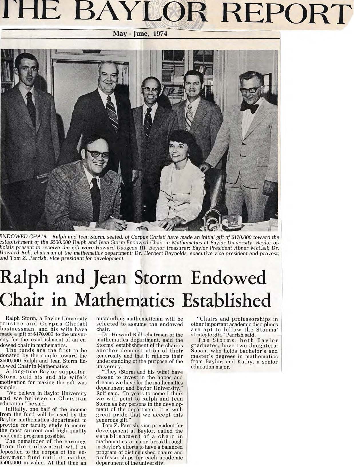 Newspaper clipping with headline 'Ralph and Jean Storm Endowed Chair in Mathematics Established'