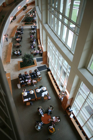 A second story view of the auditorium of the Baylor Sciences Building