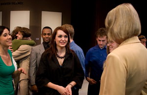 Playwright Tina Howe speaks with undergraduate actors after viewing a performance of her play, Museum.