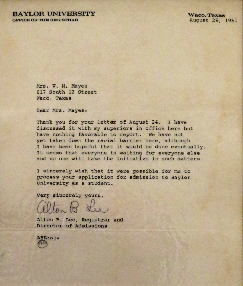 Vivienne Malone-Mayes received this letter after applying to graduate school at Baylor in 1961.