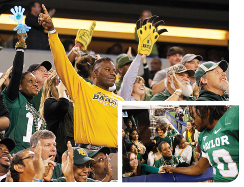 collage of student fans in stands and RGIII shaking their hands