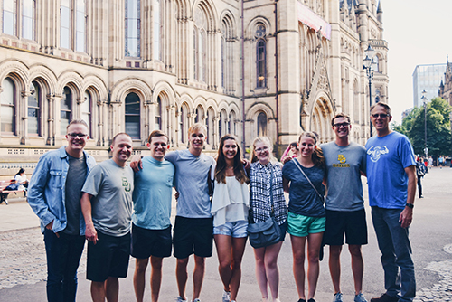 A group of students poses while on the May trip to the UK