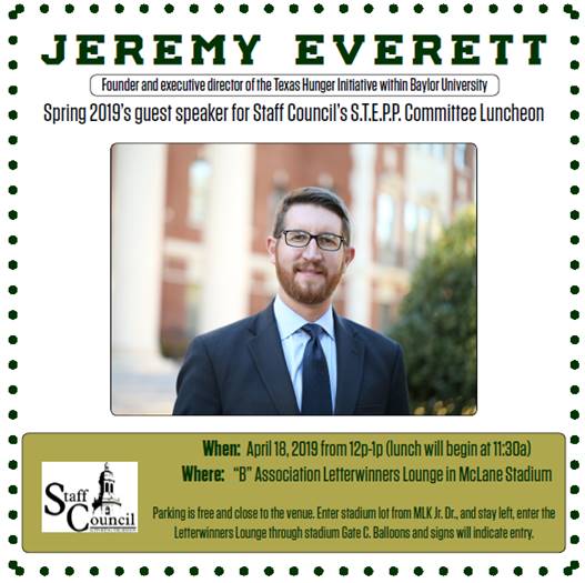 STEPP Luncheon flyer featuring a photo of Jeremy Everett, Texas Hunger Initiative Director and event details found on the information website.