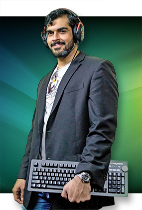 Stylized photo of AJ Jameel, holding gaming equipment
