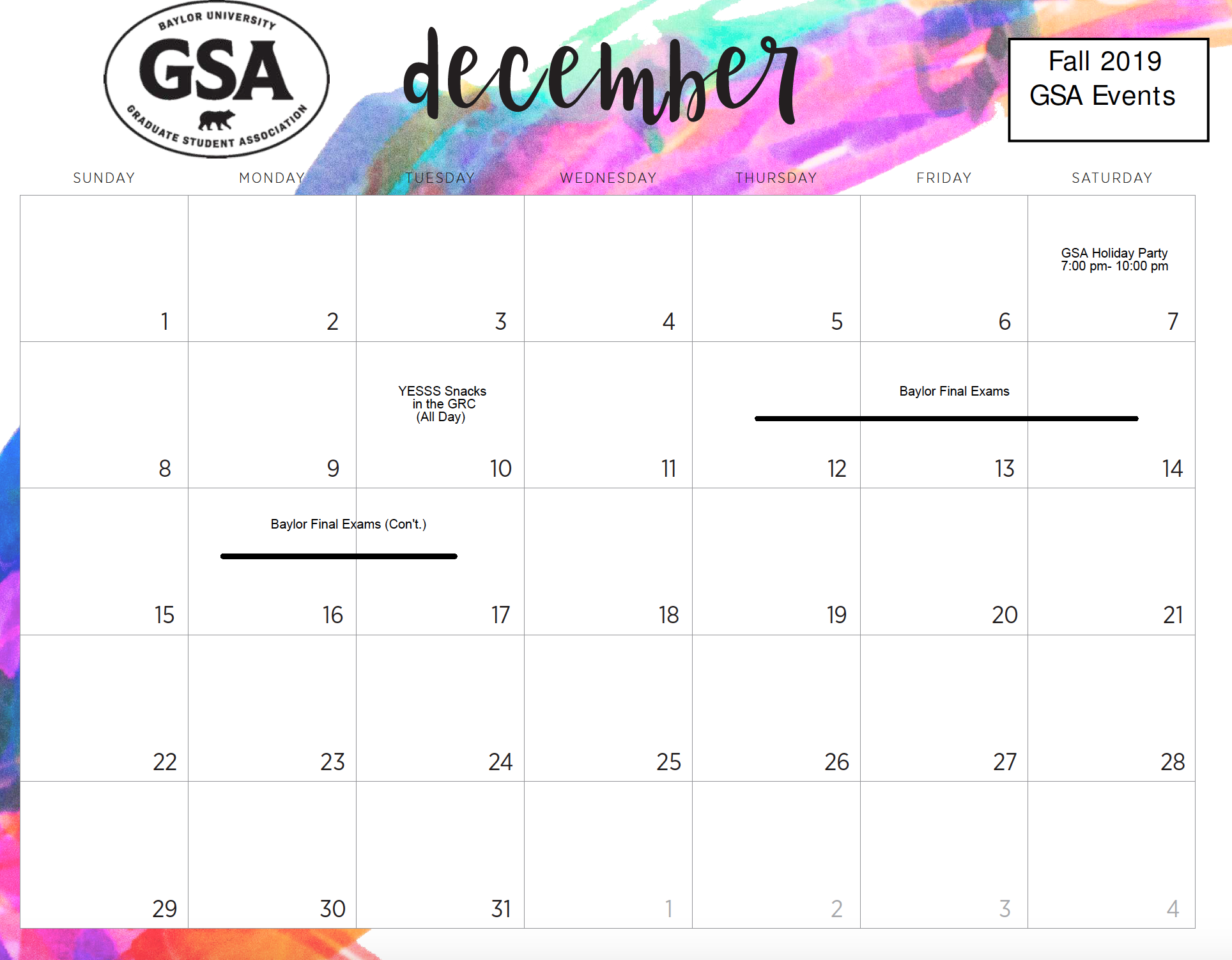 GSA Calendar Graduate Student Association Baylor University