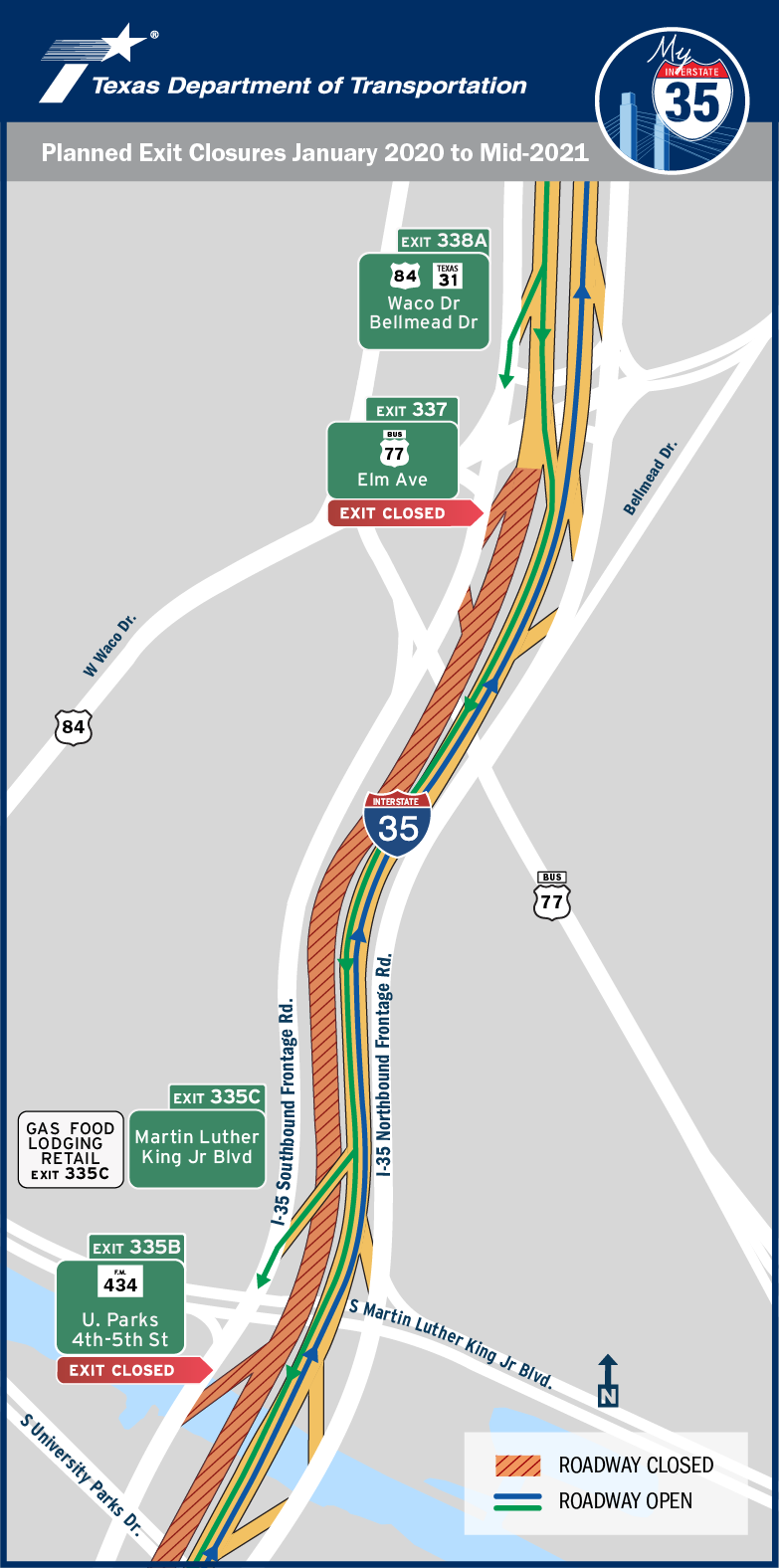 Map of changes to Interstate 35 from January 2020 to Mid 2021