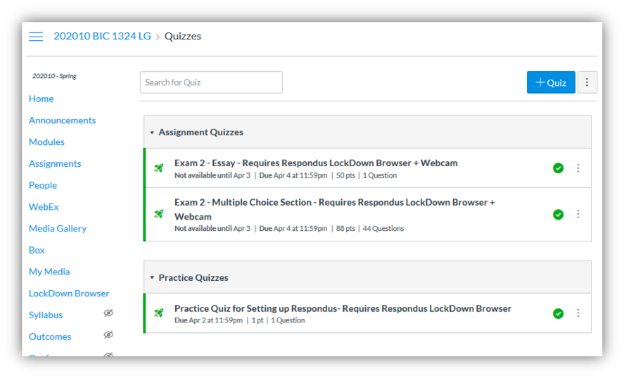 Screenshot of the Canvas Quizzes page