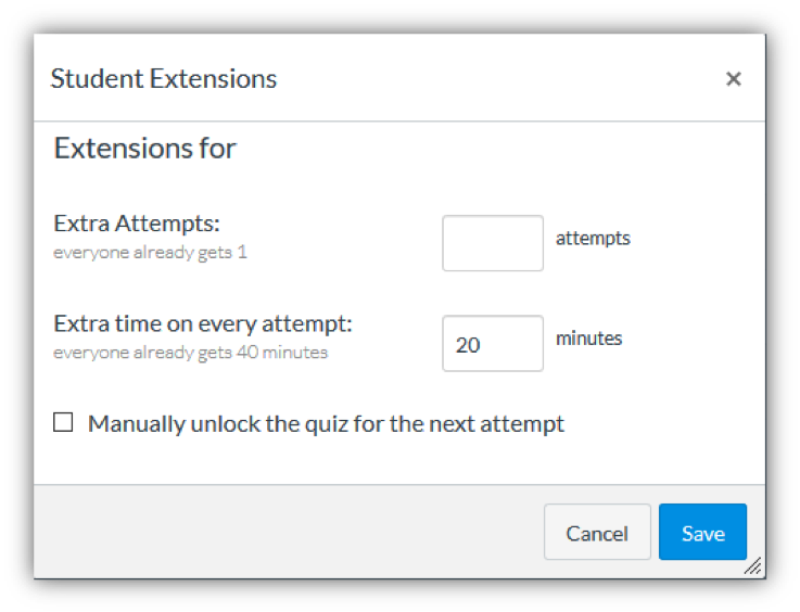 Screenshot of the Canvas page with Student Extensions choice selected