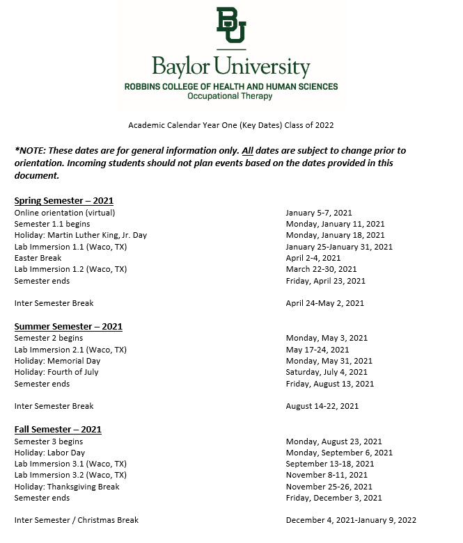 Entry Level Otd Academic Calendar Occupational Therapy Otd Baylor University baylor 2021 academic calendar