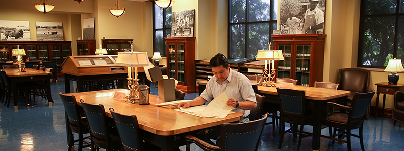 Stock photo of a student looking through large format papers in the Texas Collection