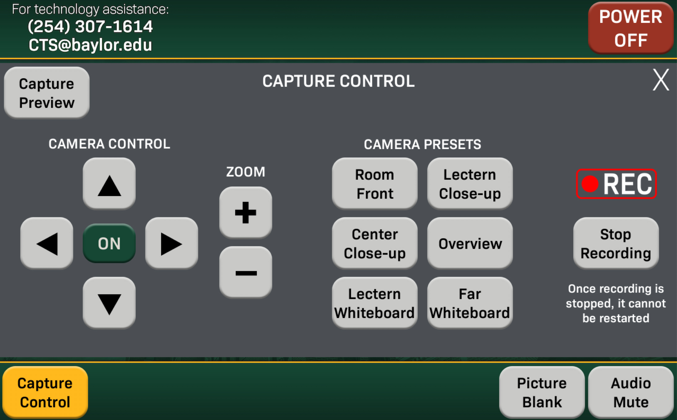 CTS Capture Control Diagram, with arrows and camera presets listed