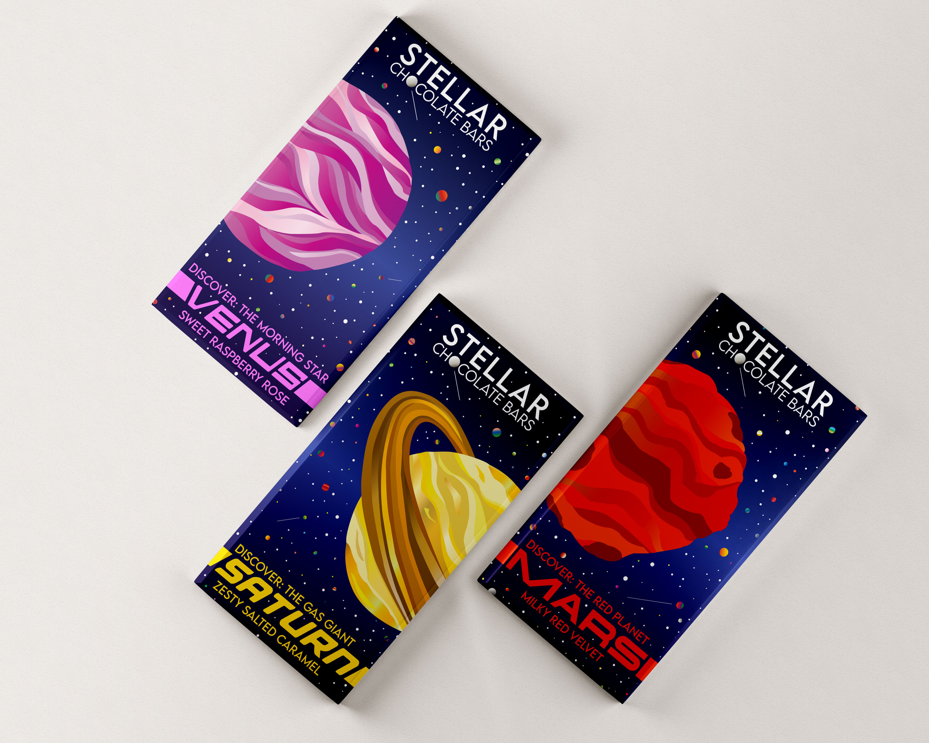 Maggie Lemley,
Stellar Chocolate Bars,
Package Design, Spring 2020