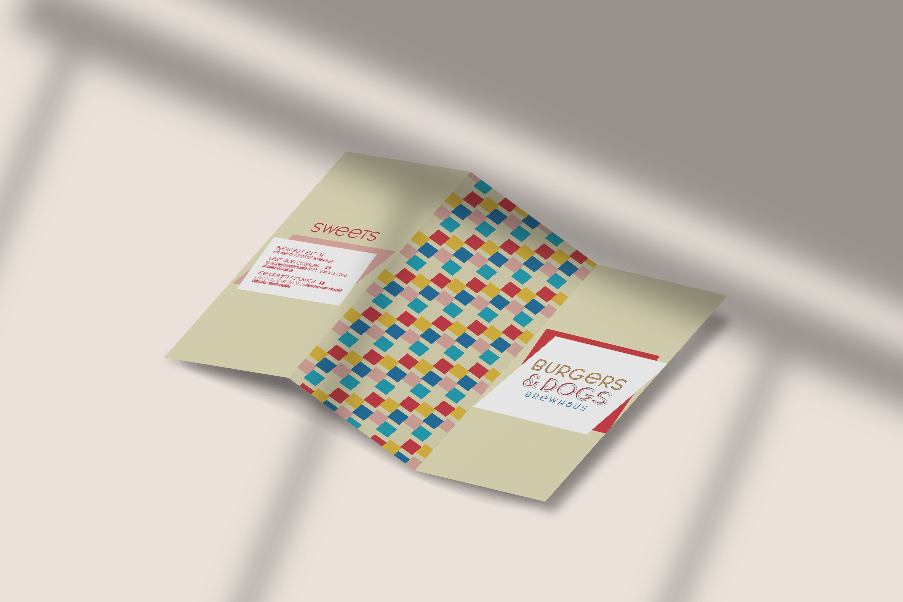 Maggie Lemley,
Burgers & Dogs Brew Haus Menu (View 1),
Brand Identity, 2019