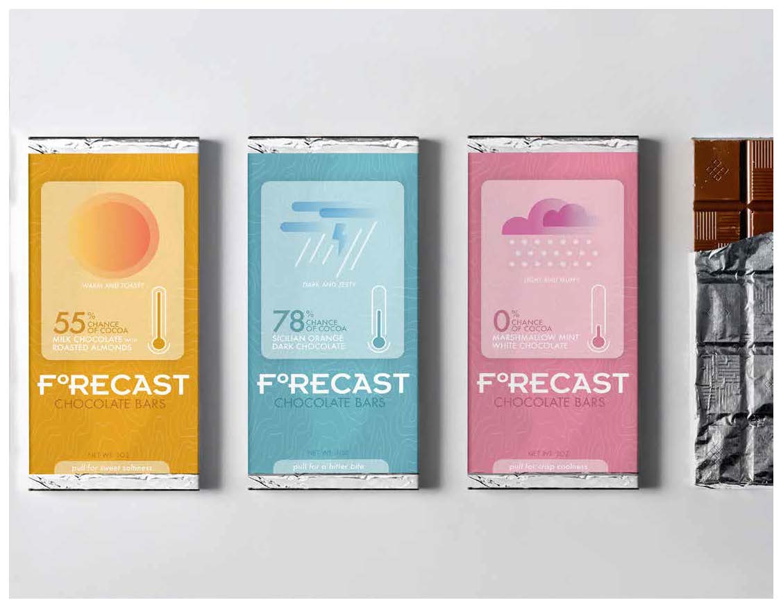 Carter Bruey,
Forecast Chocolate Bars (View 1),
Package Design, Spring 2021