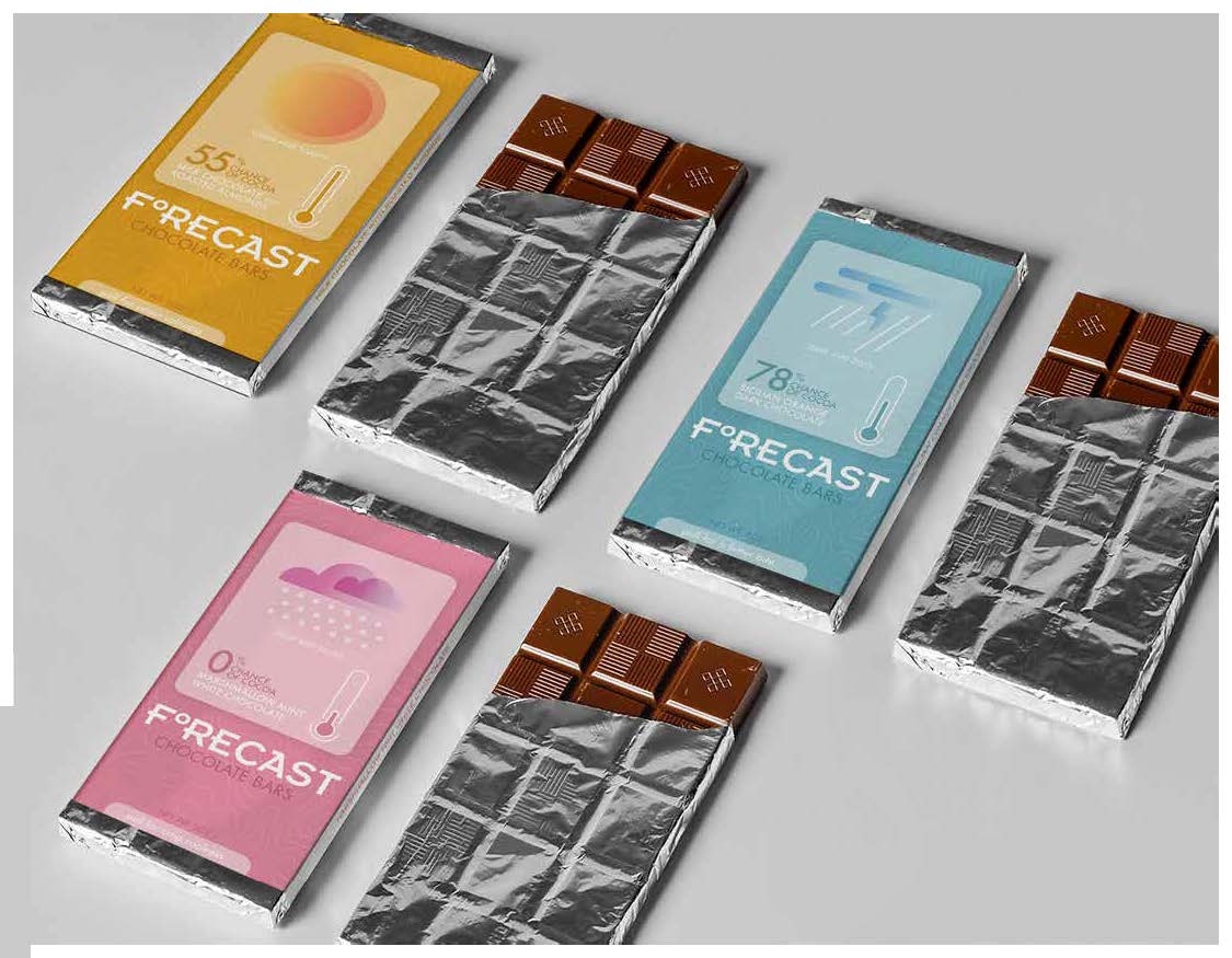 Carter Bruey,
Forecast Chocolate Bars (View 2),
Package Design, Spring 2021