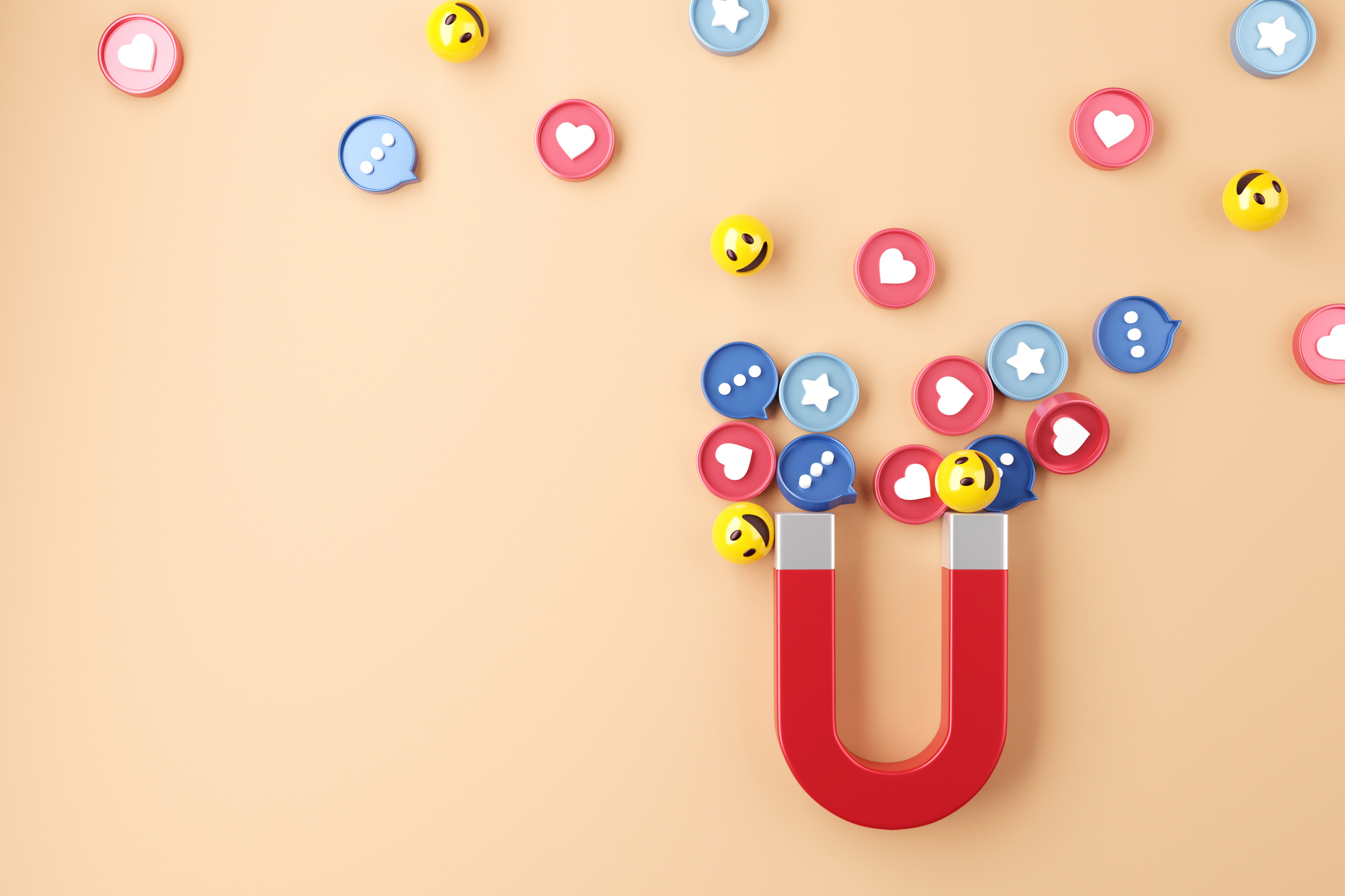 Stock image graphic of u-shaped magnet attracting small social media heart, comment and smiling buttons