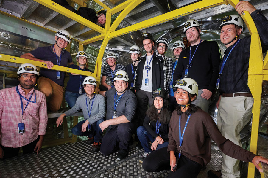 An HCAL group in the center of the CMS detector at CERN, with Baylorâ€™s Ankush Kanuganti, doctoral candidate in physics (far left), and Dr. Jay Dittmann (far right at top) (photo courtesy CERN)