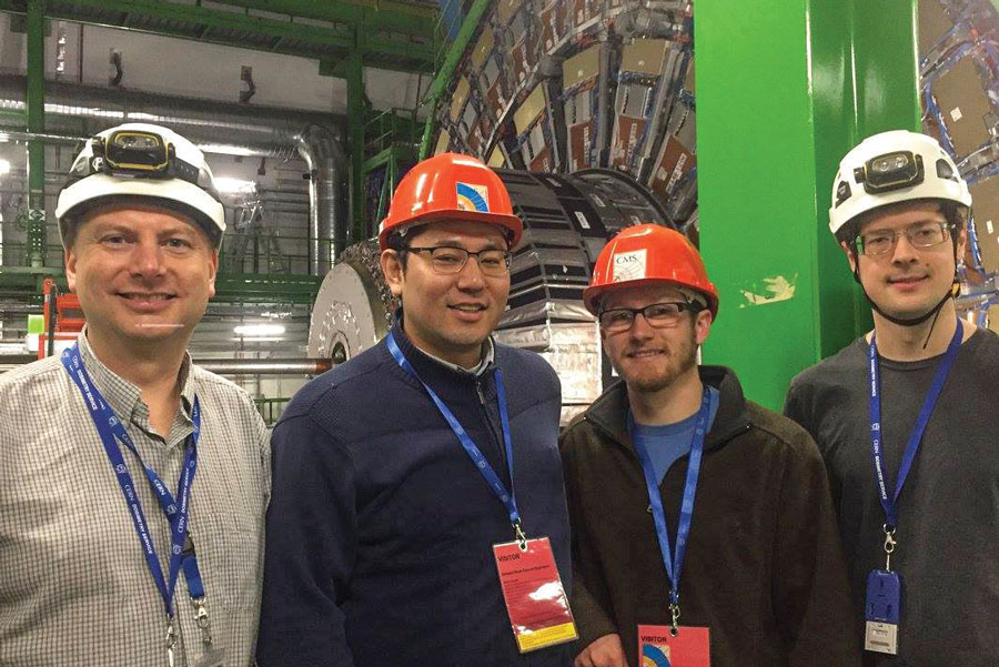 Baylor researchers at CERN: (L to R)
physicists Dr. Jay Dittmann and Dr. Ken Hatakeyama; Dr. Caleb Smith, recent physics graduate; and Dr. Joe Pastika, postdoctoral research associate in physics.