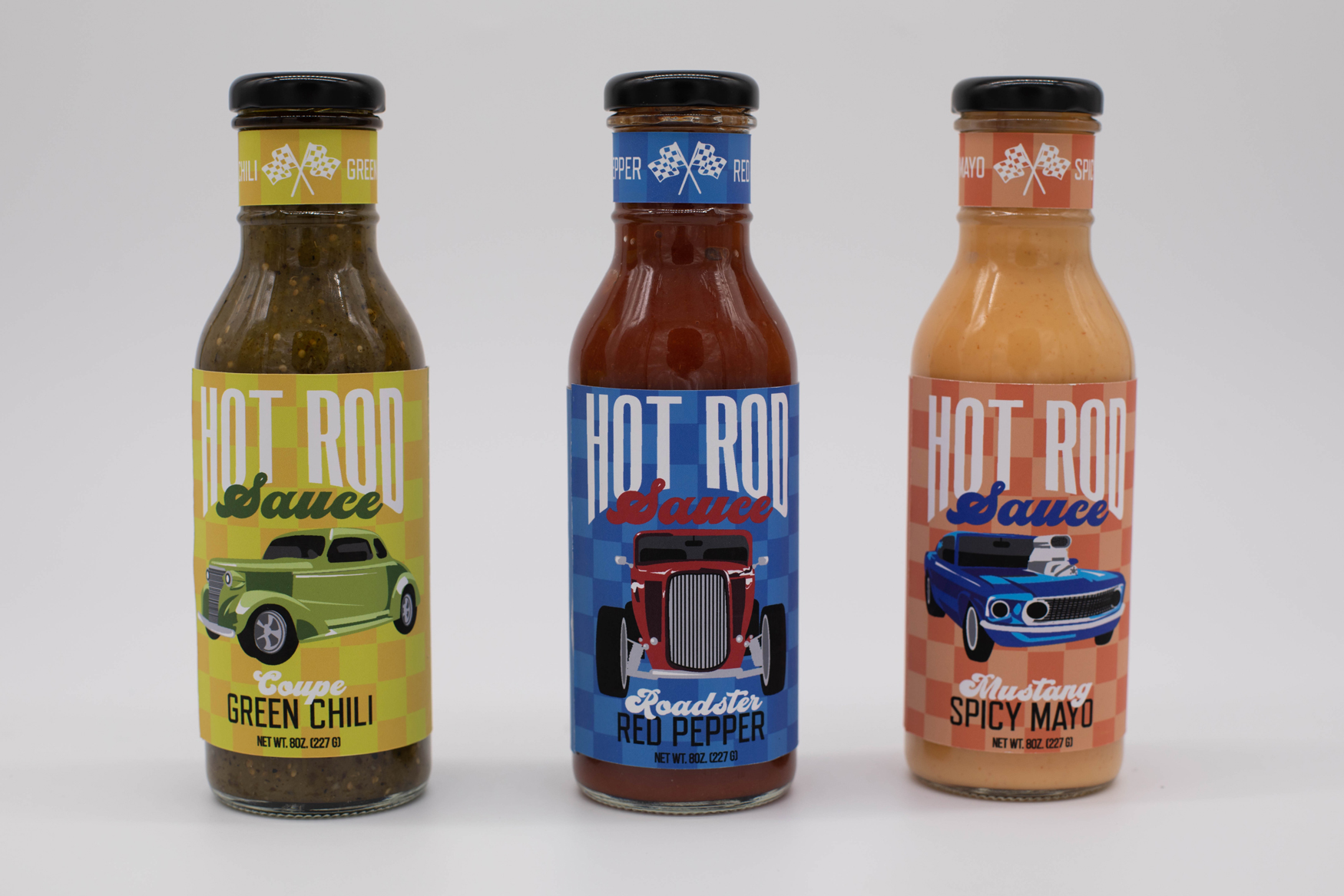Holly Higgins, Hot Rod Hot Sauce, Package Design Front View, 2021, 7.75in. x 2.50in.