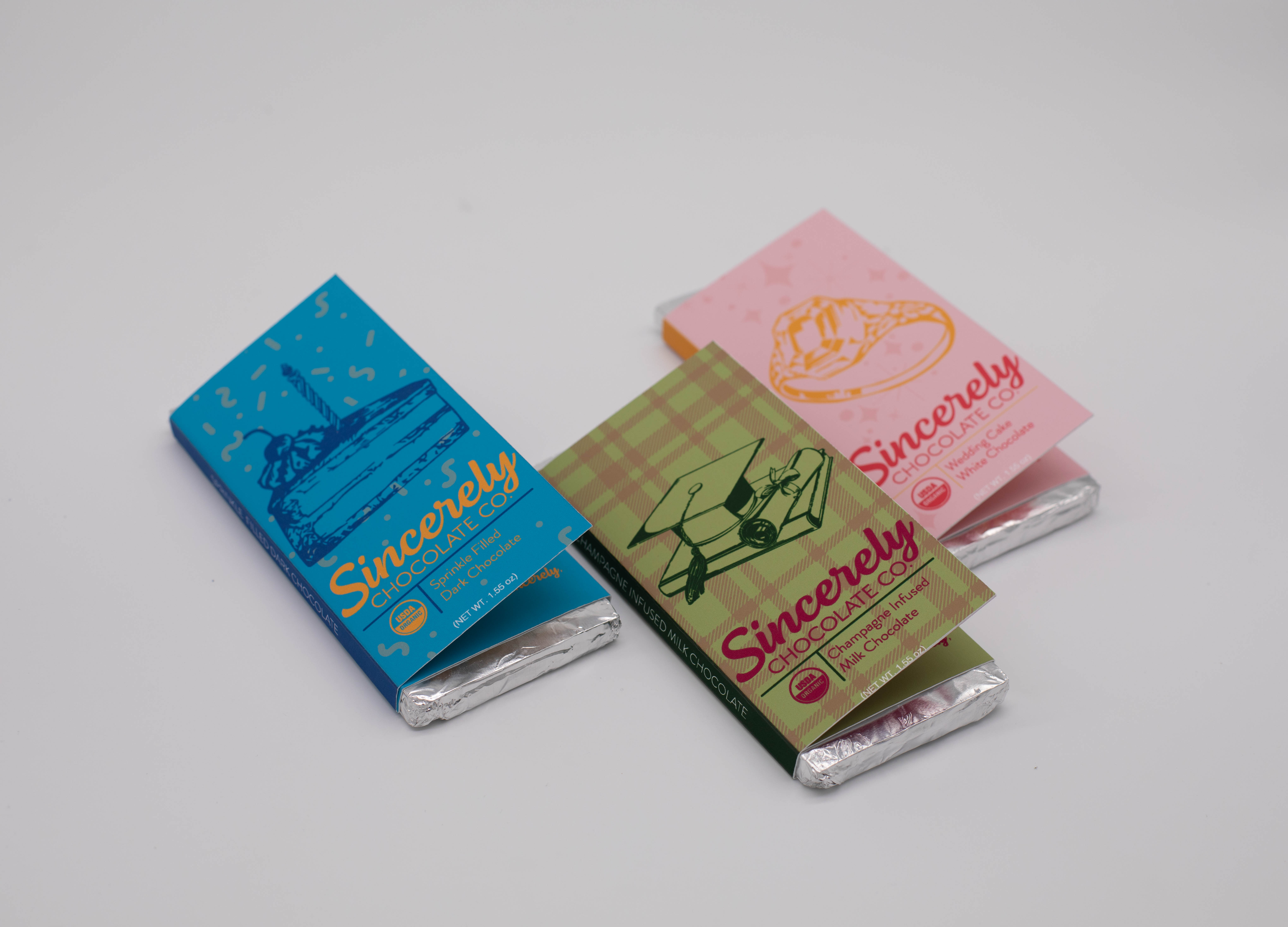 Holly Higgins, Sincerely Chocolate Bars, Package Design, 2021, 6.5in. x 3in.