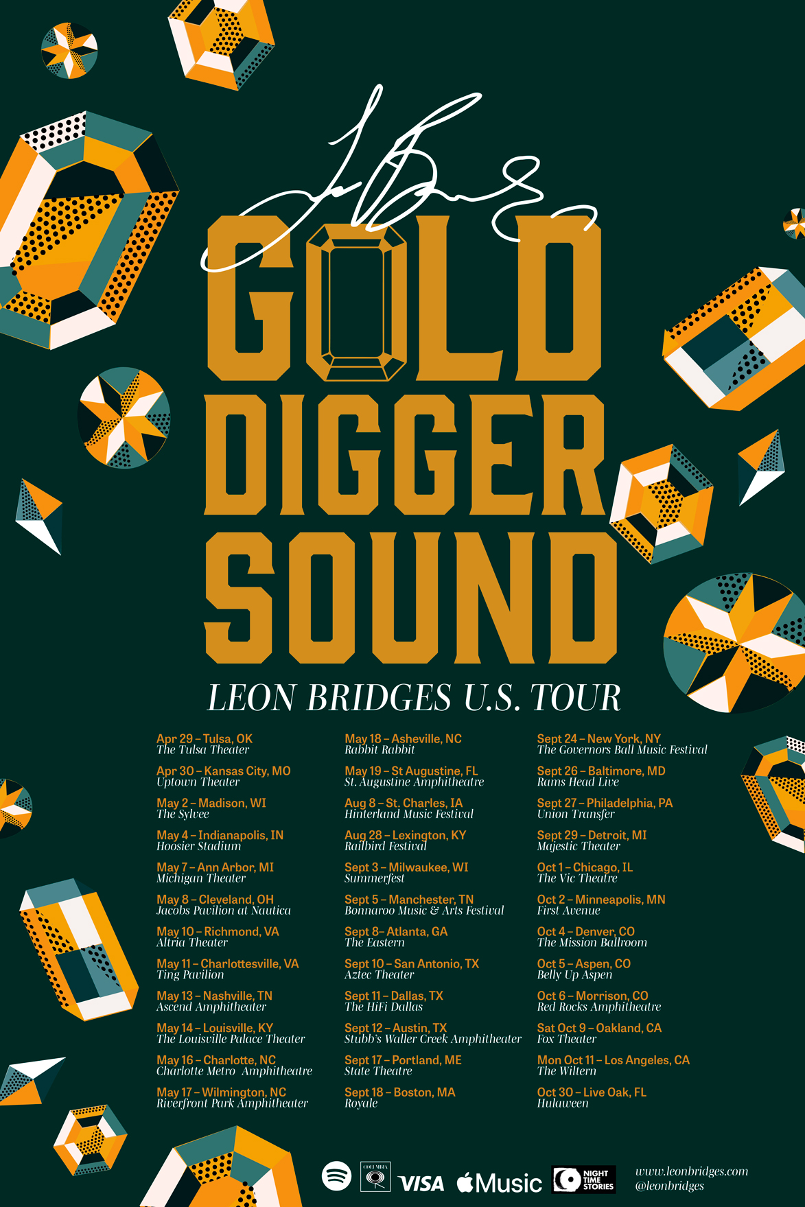 Holly Higgins, Leon Bridges Poster: Gold Digger Sound Tour Poster, Paper and Mount Board, 2021, 24in. x 36in.