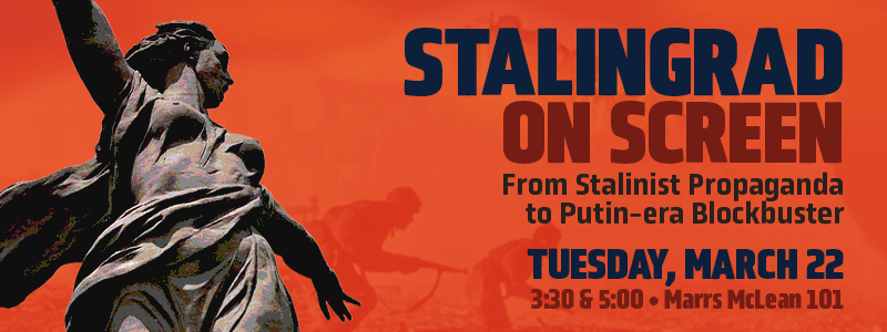 Graphic treatment of Russian statue and Stalingrad on Screen logo