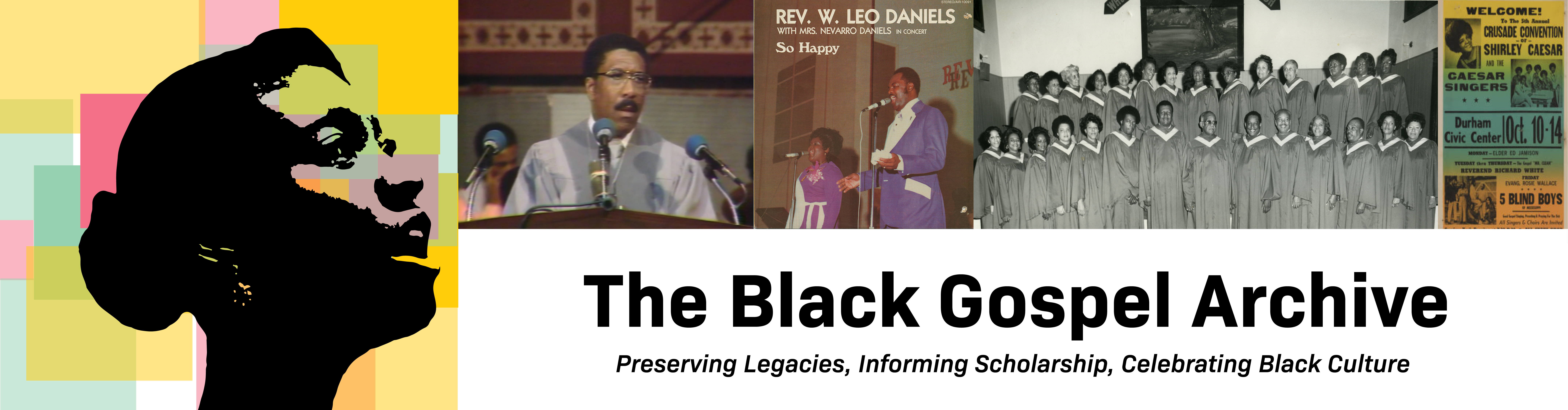 Black Gospel Archive banner, featuring faces of prominent contributors to the culture