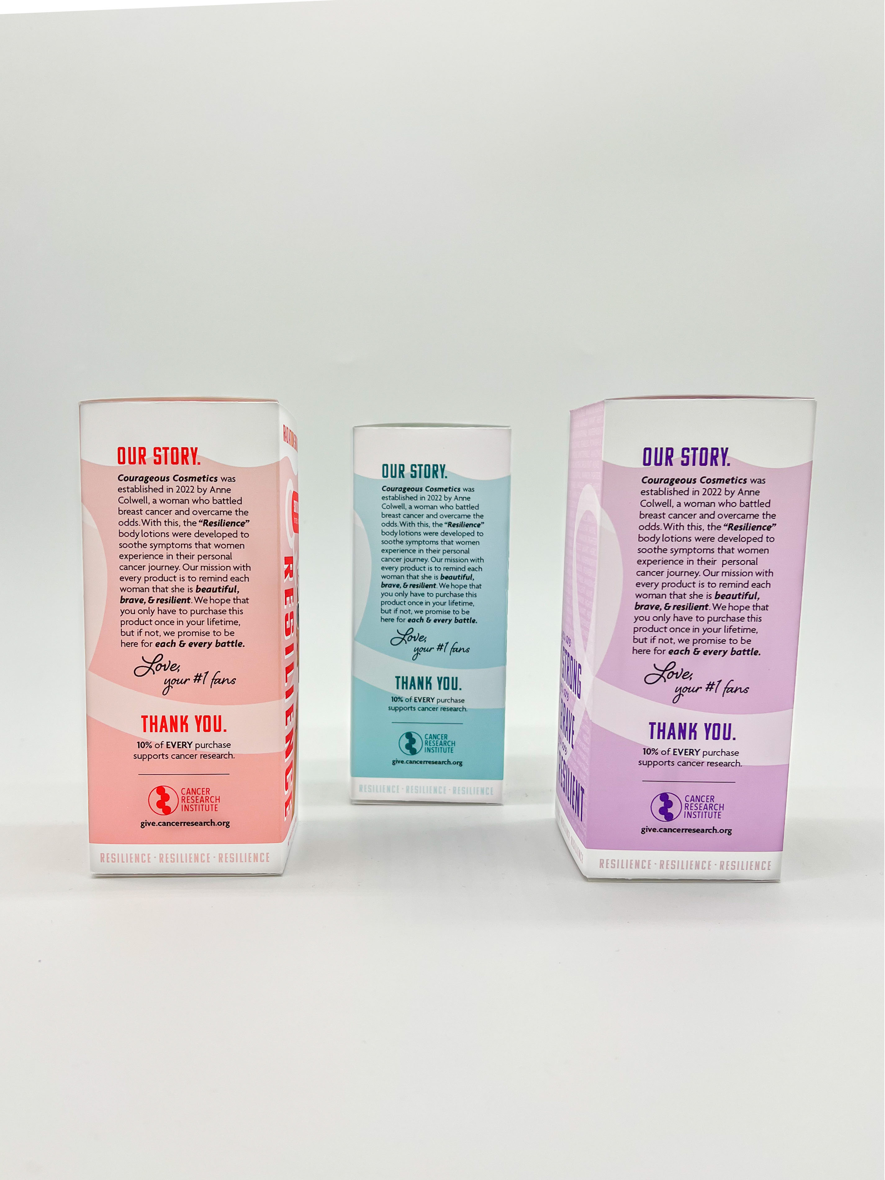 Courageous Cosmetics: Resilience Body Lotions<br>2022<br>Epson InkJet Print<br>6 x 2.5 x 2.5