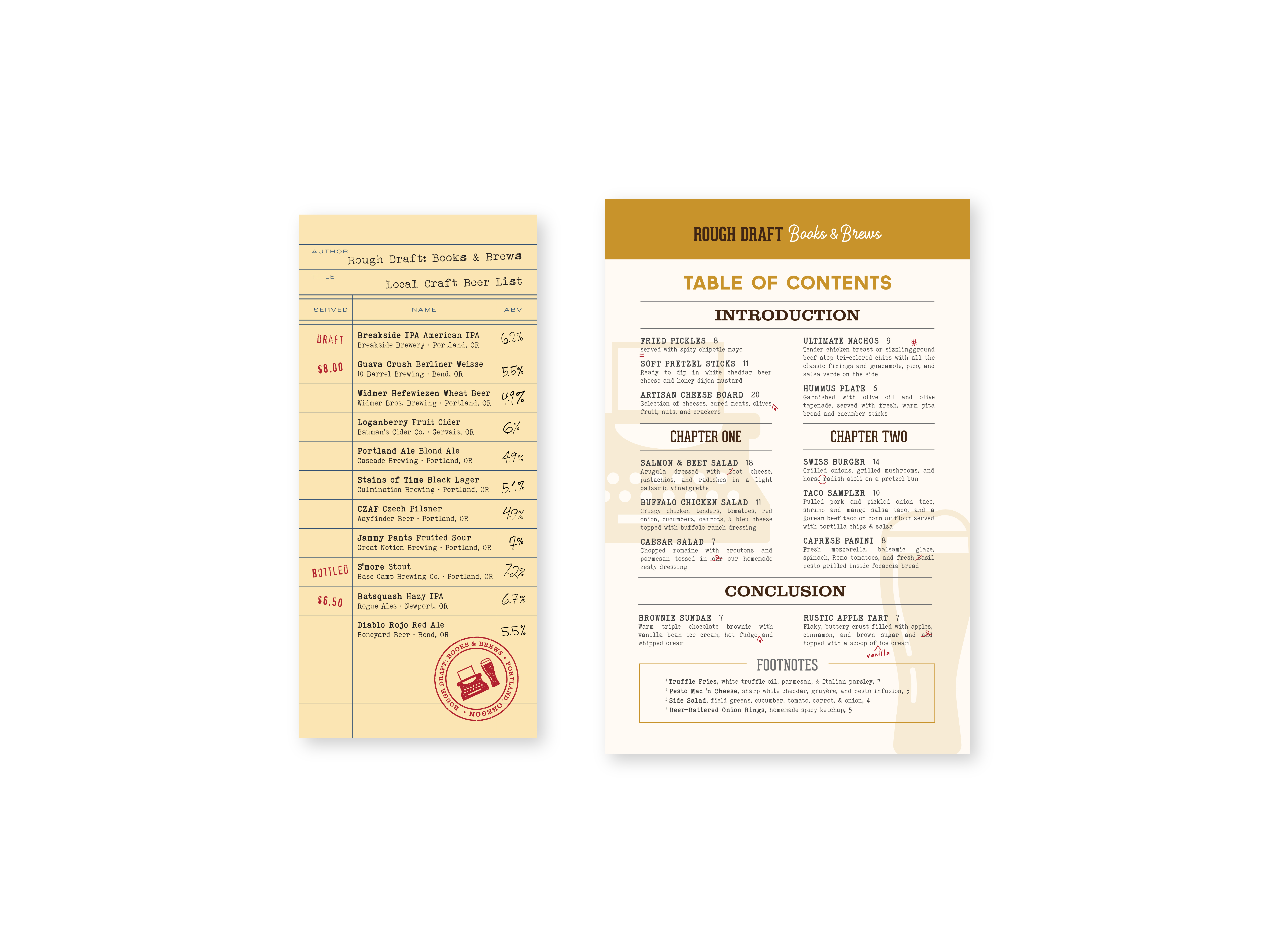 Rough Draft: Books & Brews Menu<br>2022<br>Epson InkJet Print<br>8.5 x 9