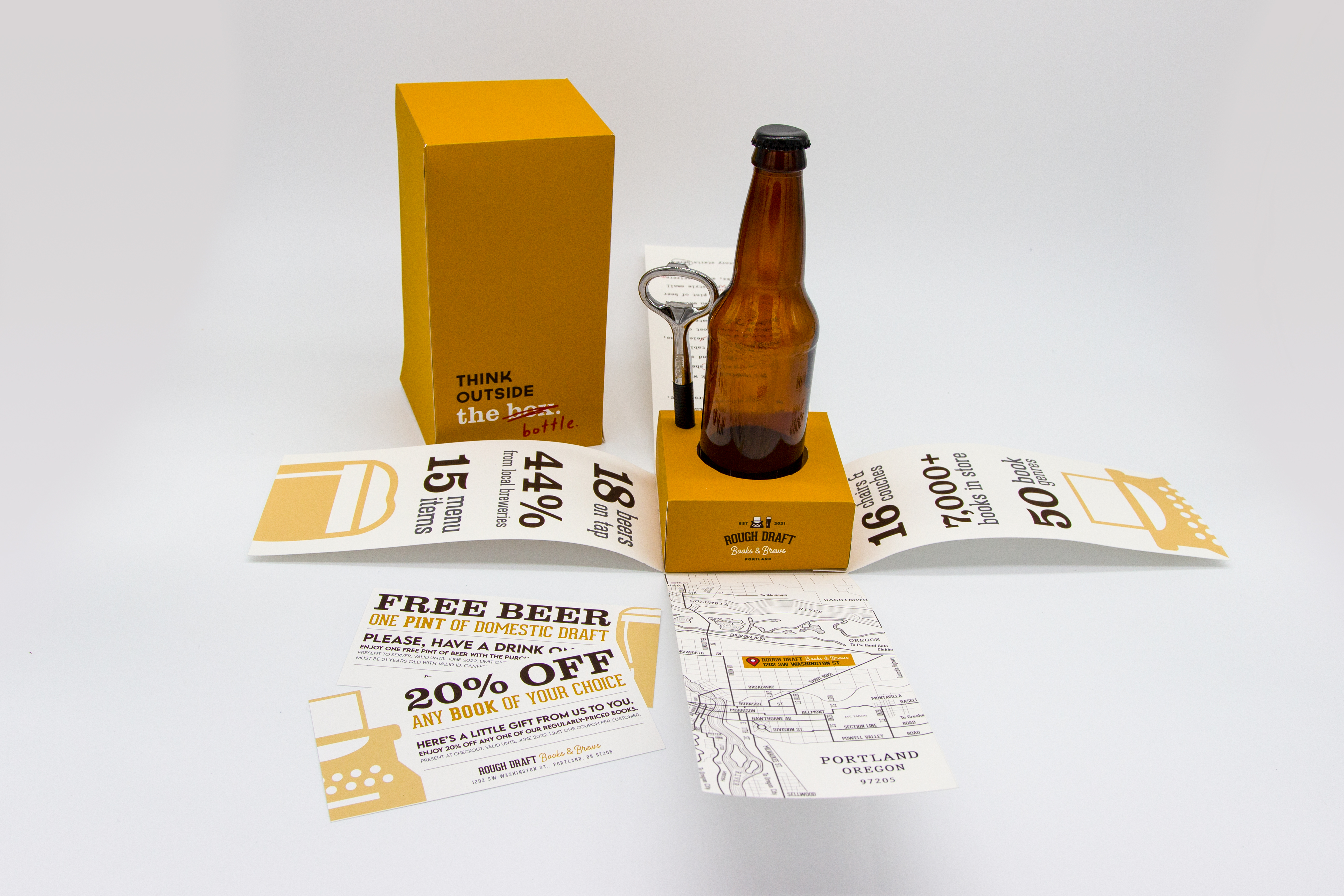 Rough Draft: Books & Brews PR Kit Open<br>2022<br>Epson InkJet Print<br>9 x 22 x 22