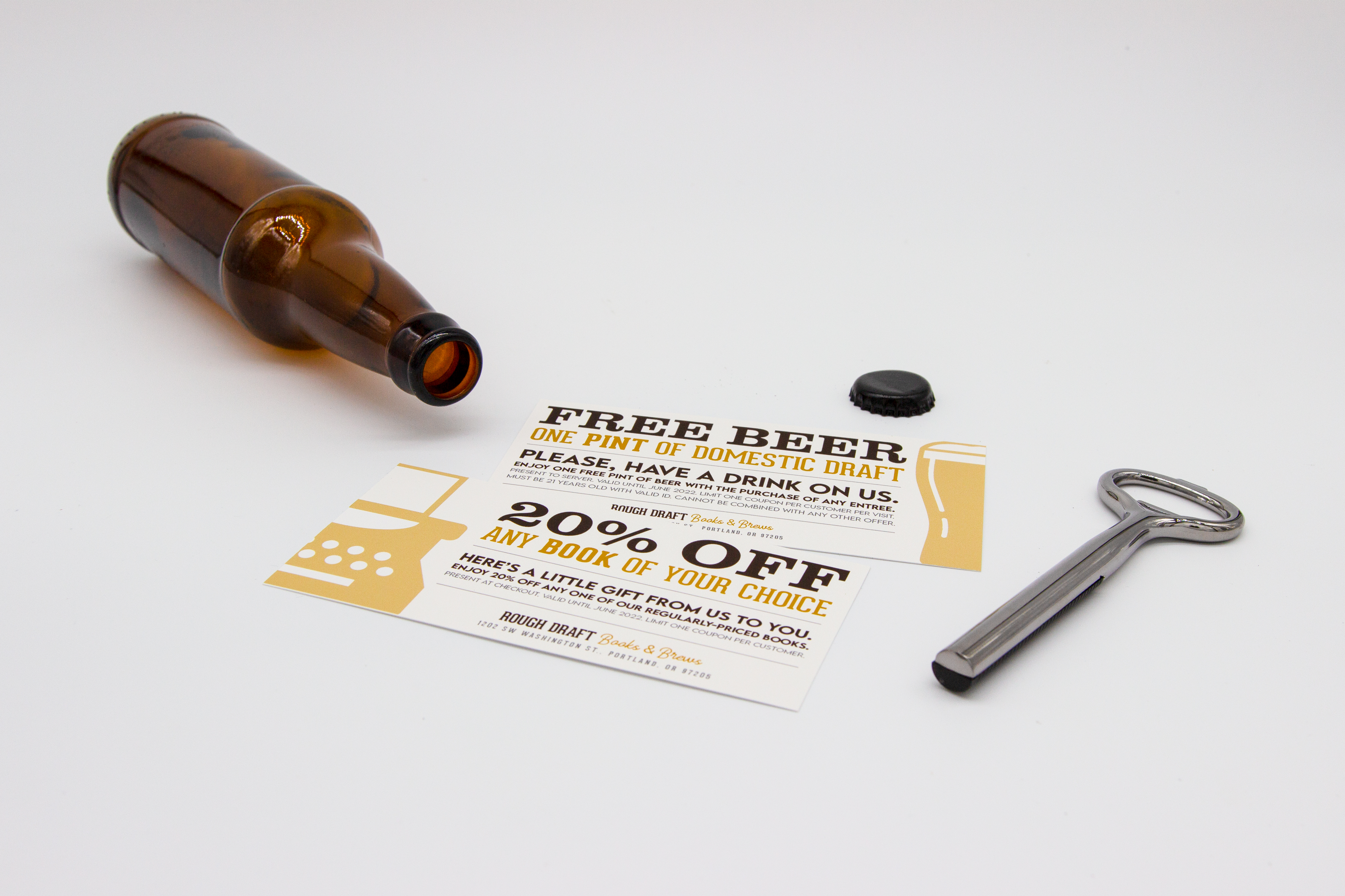 Rough Draft: Books & Brews PR Kit Parts<br>2022<br>Epson InkJet Print<br>9 x 22 x 22