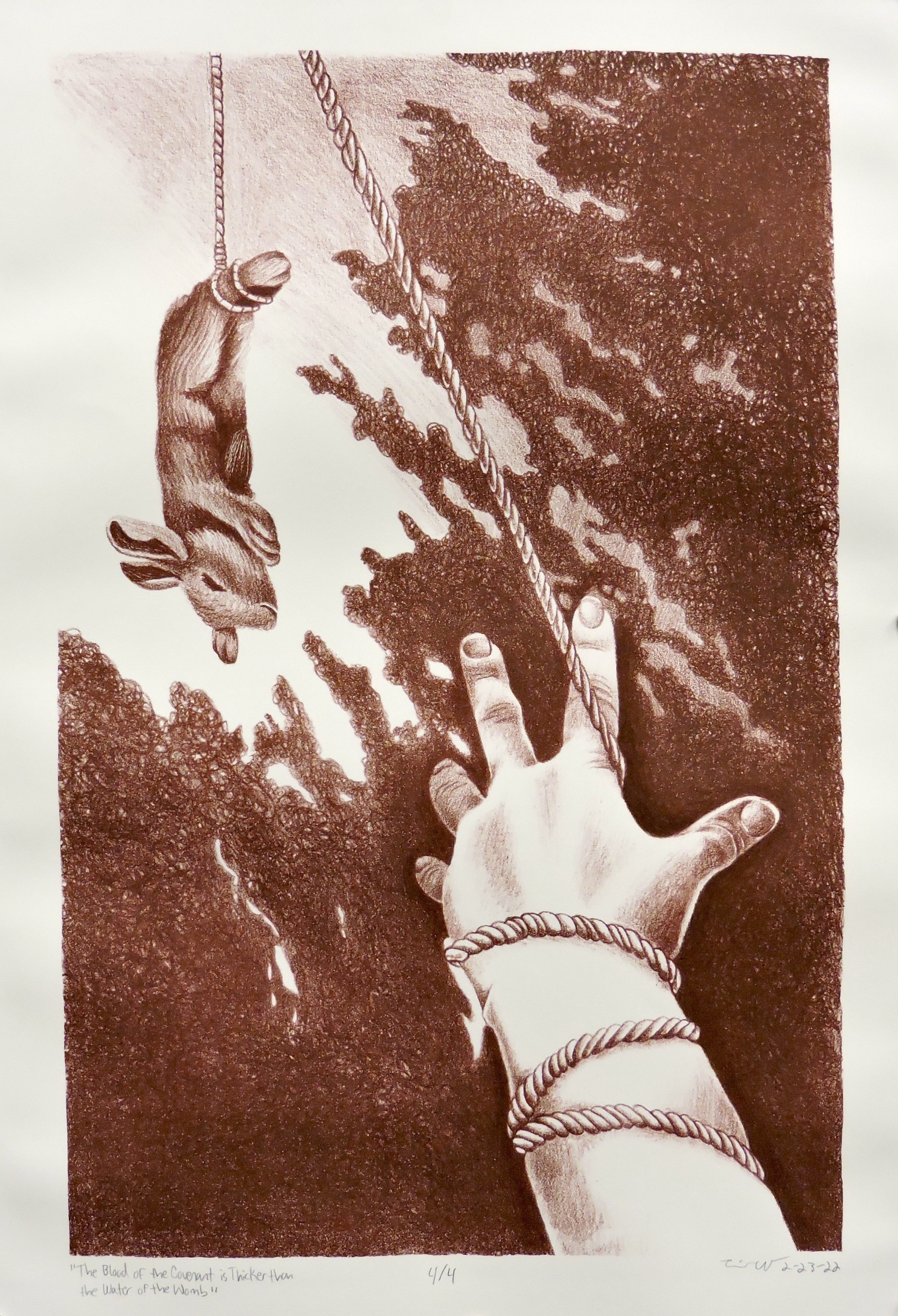 The Blood of the Covenant is Thicker than the Water of the Womb<br>2022<br>Lithography and Watercolor<br>11 x 17