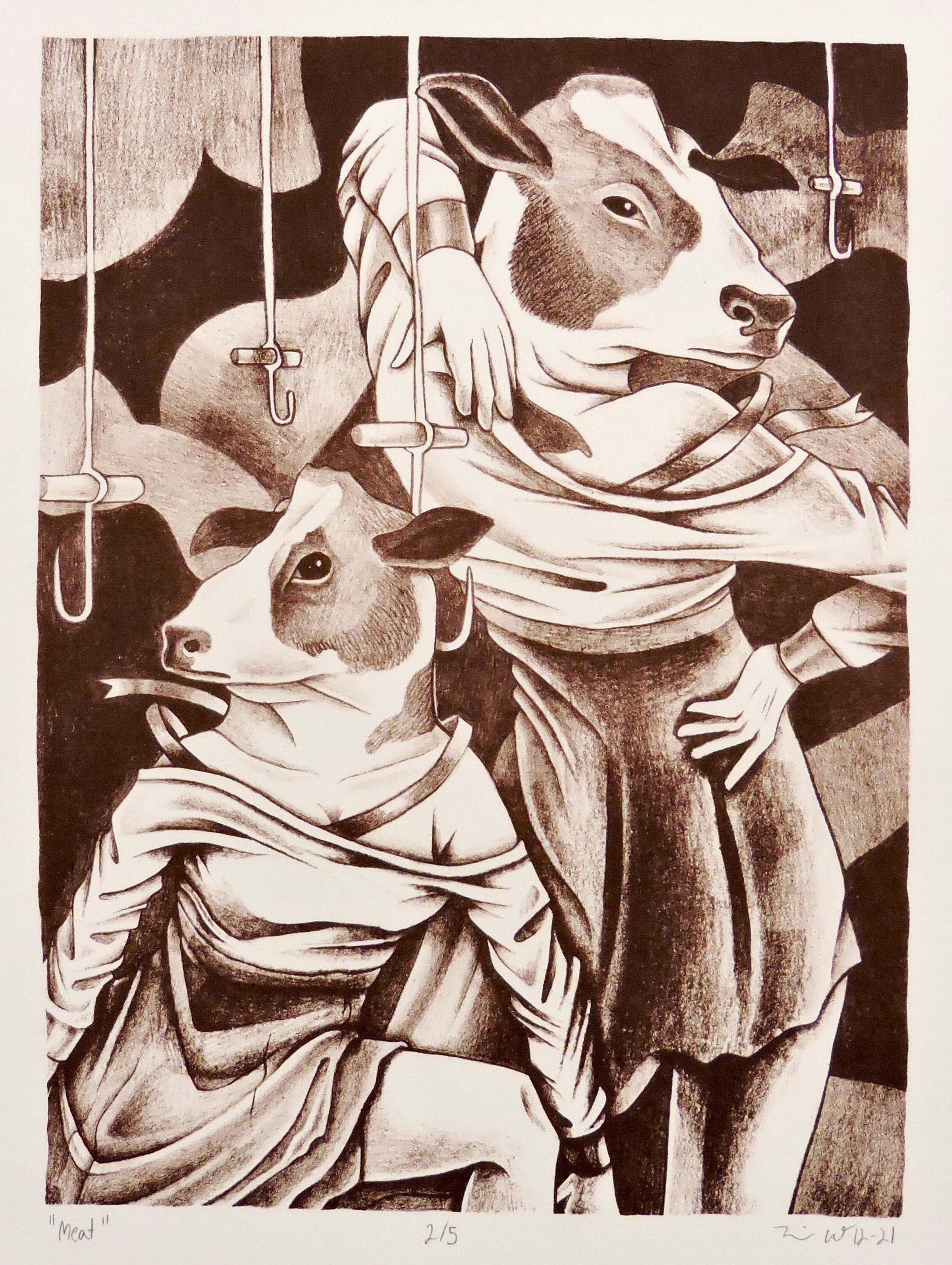 Meat<br>2021<br>Lithography and Watercolor<br>9 x 12