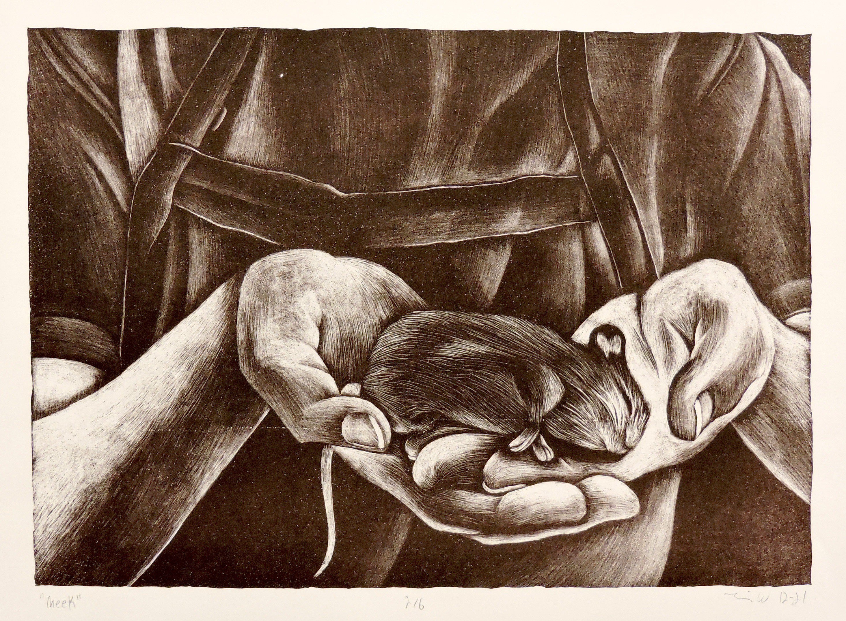 Meek<br>2021<br>Lithography and Watercolor<br>10 x 14