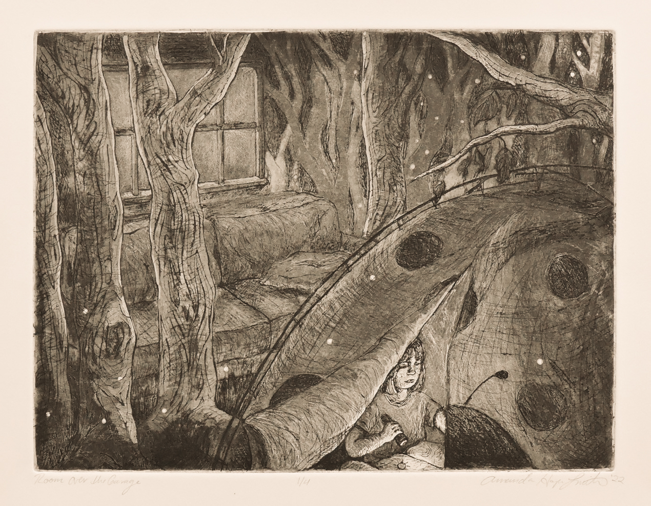 Room Over the Garage	<br>2022<br>Etching, Aquatint<br>9 x 14