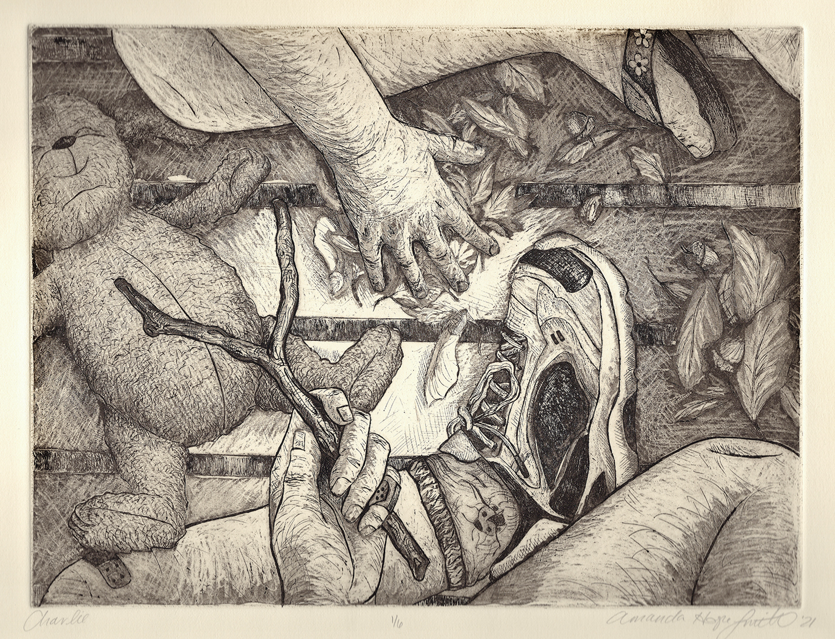 Charlie<br>2022<br>Etching, Soft ground texture, Aquatint<br>9 x 12