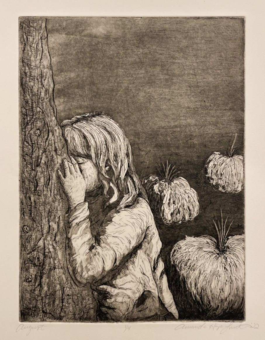 August<br>2022<br>Etching, Soft ground texture, Aquatint<br>12 x 9