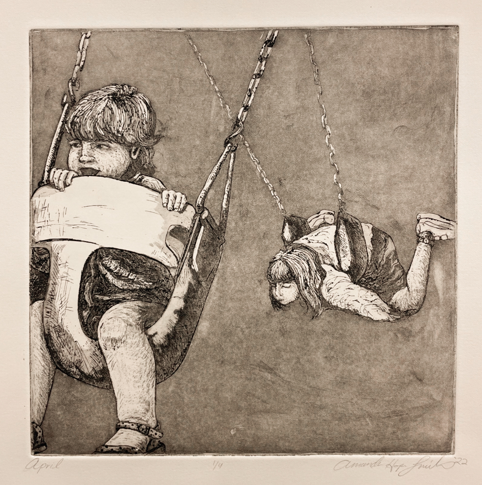 April<br>2022<br>Etching, Soft ground texture, Aquatint<br>11 x 14