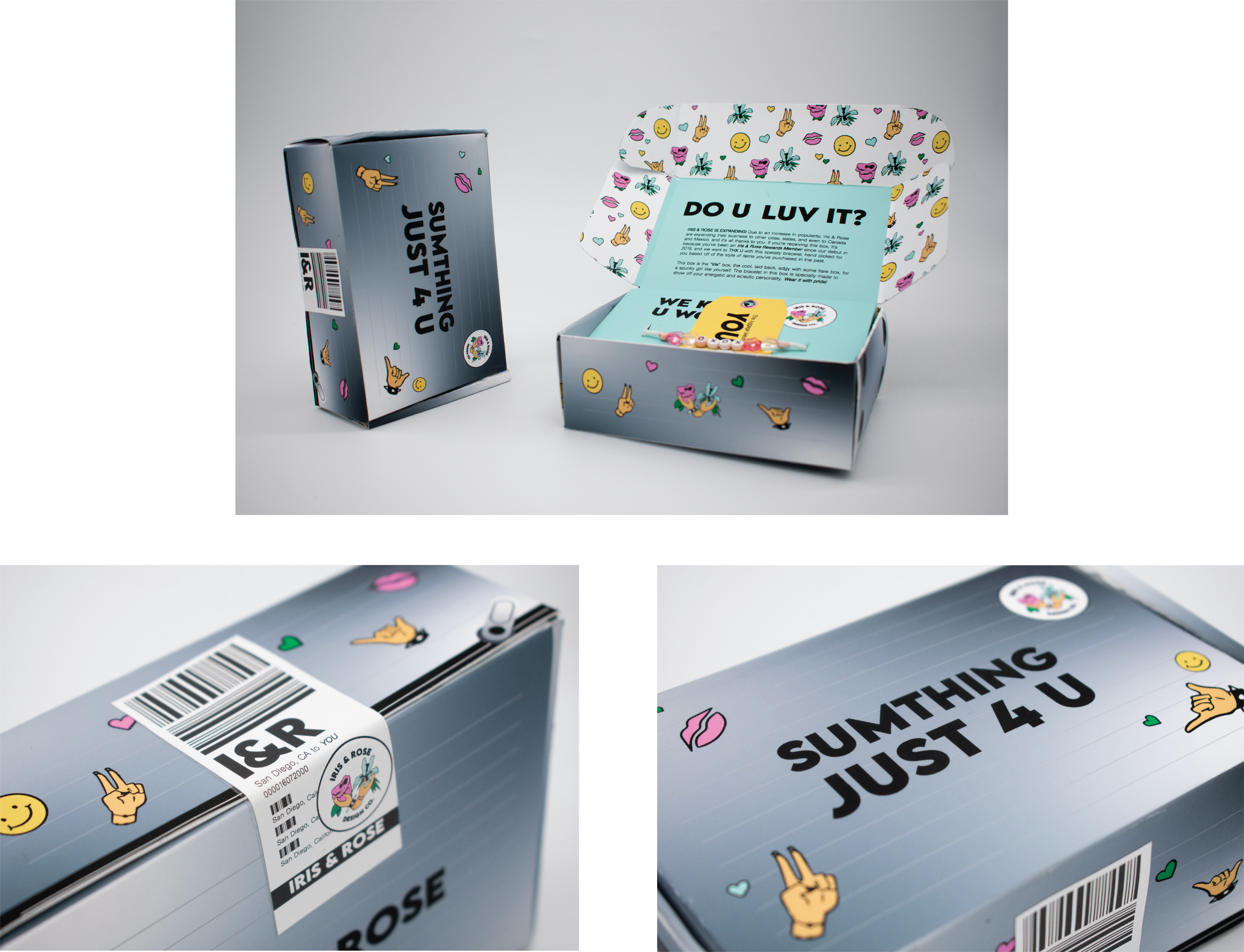 Iris & Rose PR Packaging<br>2022<br>Adobe Illustrator<br>6 x 6 x 4
