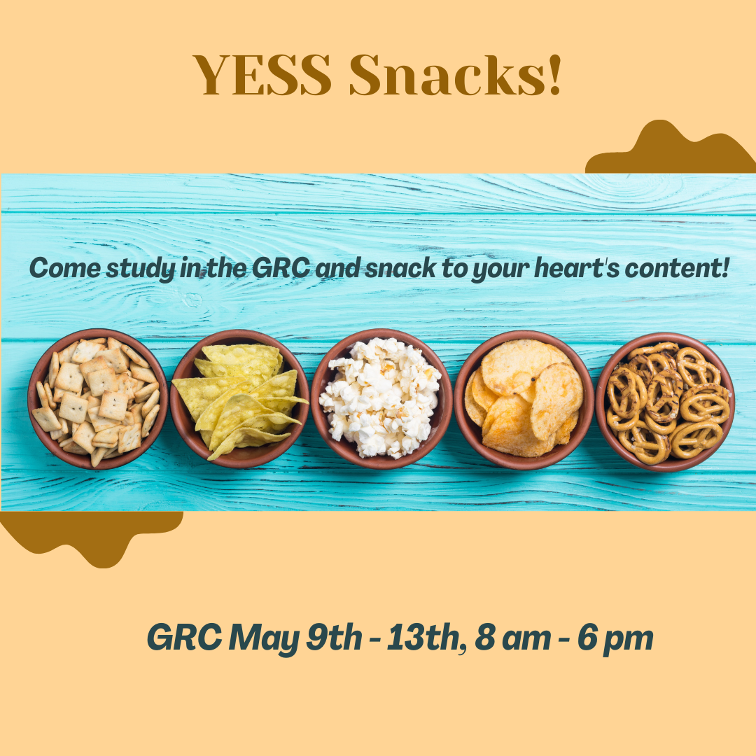 Are you up late studying? Trying to clean out the fridge before the break and running low on food? Cramming for finals and in need of some brain fuel? Then come by the GRC between 8 am and 6 pm on May 9-13 for some end-of-semester snacks! We’re proud of you for making it through the last 15 weeks and we hope these treats will encourage you to keep studying, writing, teaching, and working.