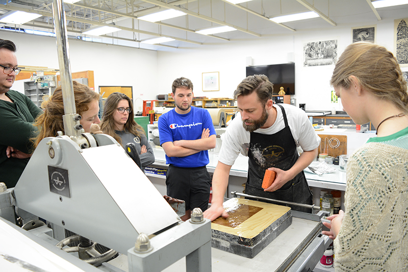Printmaking Professor Kyle Chaput with Students