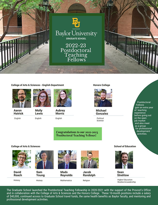 The 2022-23 Postdoctoral Teaching Fellows are for English Department:  Aaron Hatrick, Molly Lewis, and Aubrey Morris.  For the School of Education:  Sean Strehlow.  For the Honors College:  Michael Gonzalez.  For the College of Arts & Sciences:  Jacob Randolph, Mads Reynolds, David Roach and Sam Young 