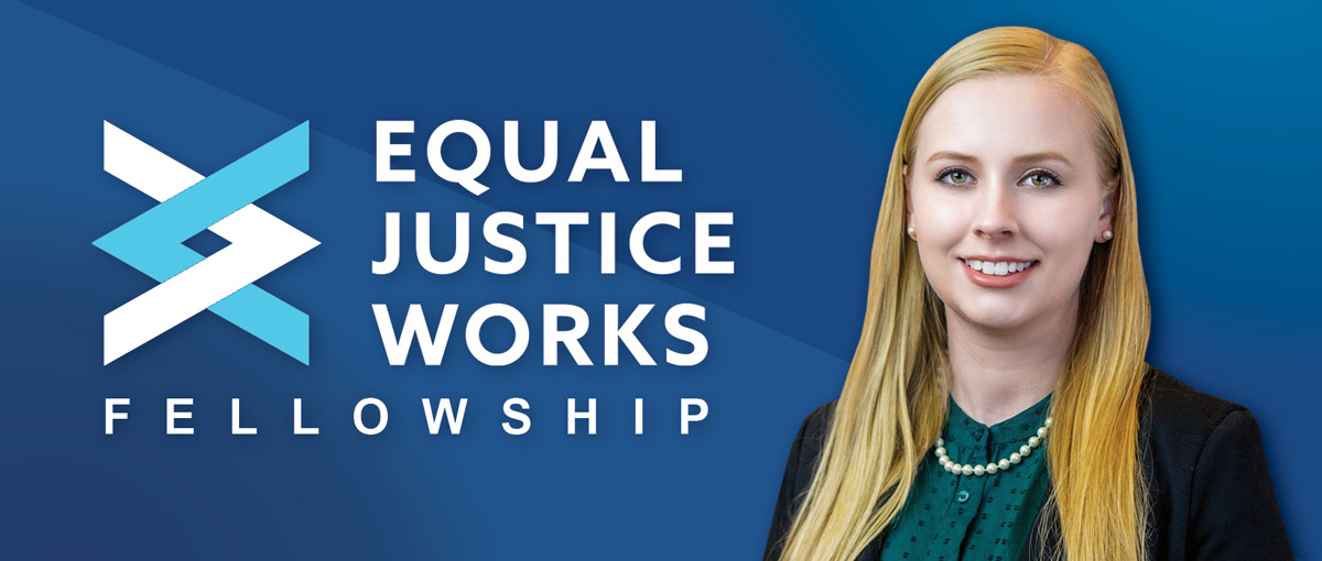 Photo of Lizzie Allen and banner of Equal Justice Works Fellowship
