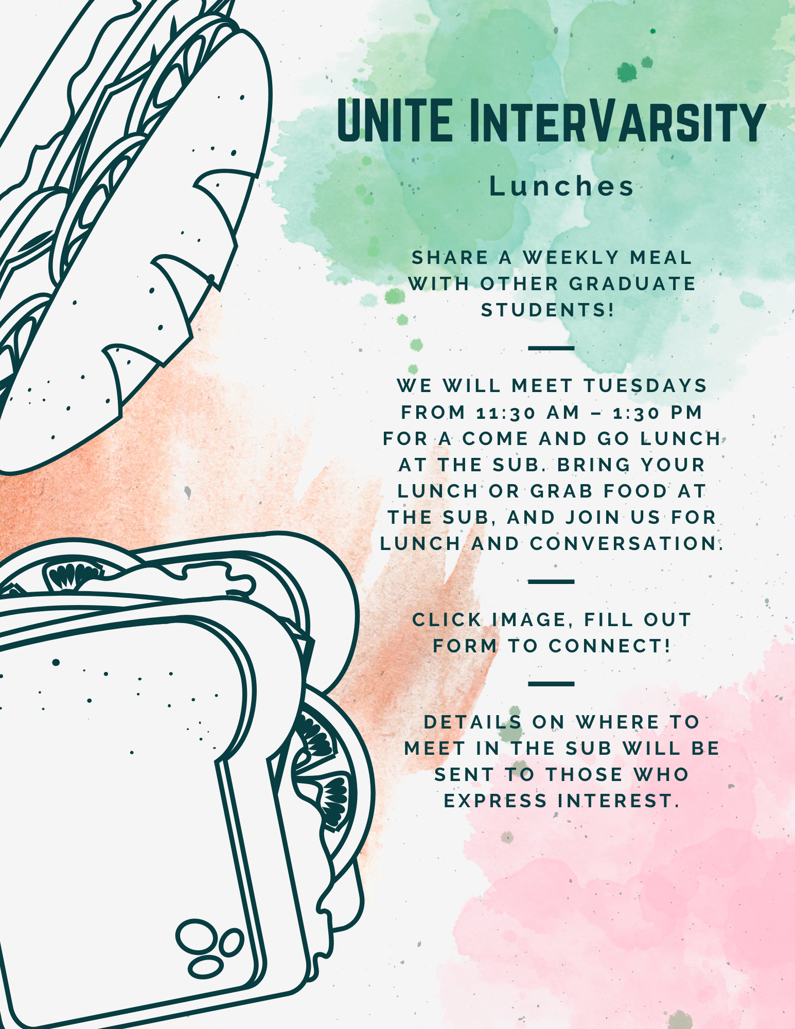 UNITE InterVarsity Lunches Share a weekly meal with other graduate students! We will meet Tuesdays from 11:30 am – 1:30 pm for a come and go lunch at the SUB. Bring your lunch or grab food at the SUB, and join us for lunch and conversation. Click Image! Fill out form to connect. Details on where to meet in the SUB will be sent to those who express interest.