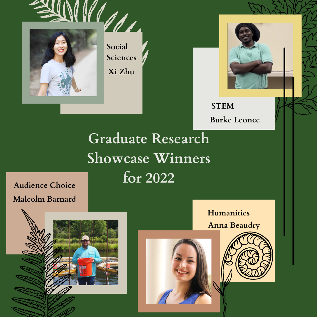 Graduate Research Showcase Winners for 2022. Social Sciences, Xi Zhu. STEM, Burke Leonce. Humanities, Anna Beaudry. Audience Choice, Malcolm Barnard.