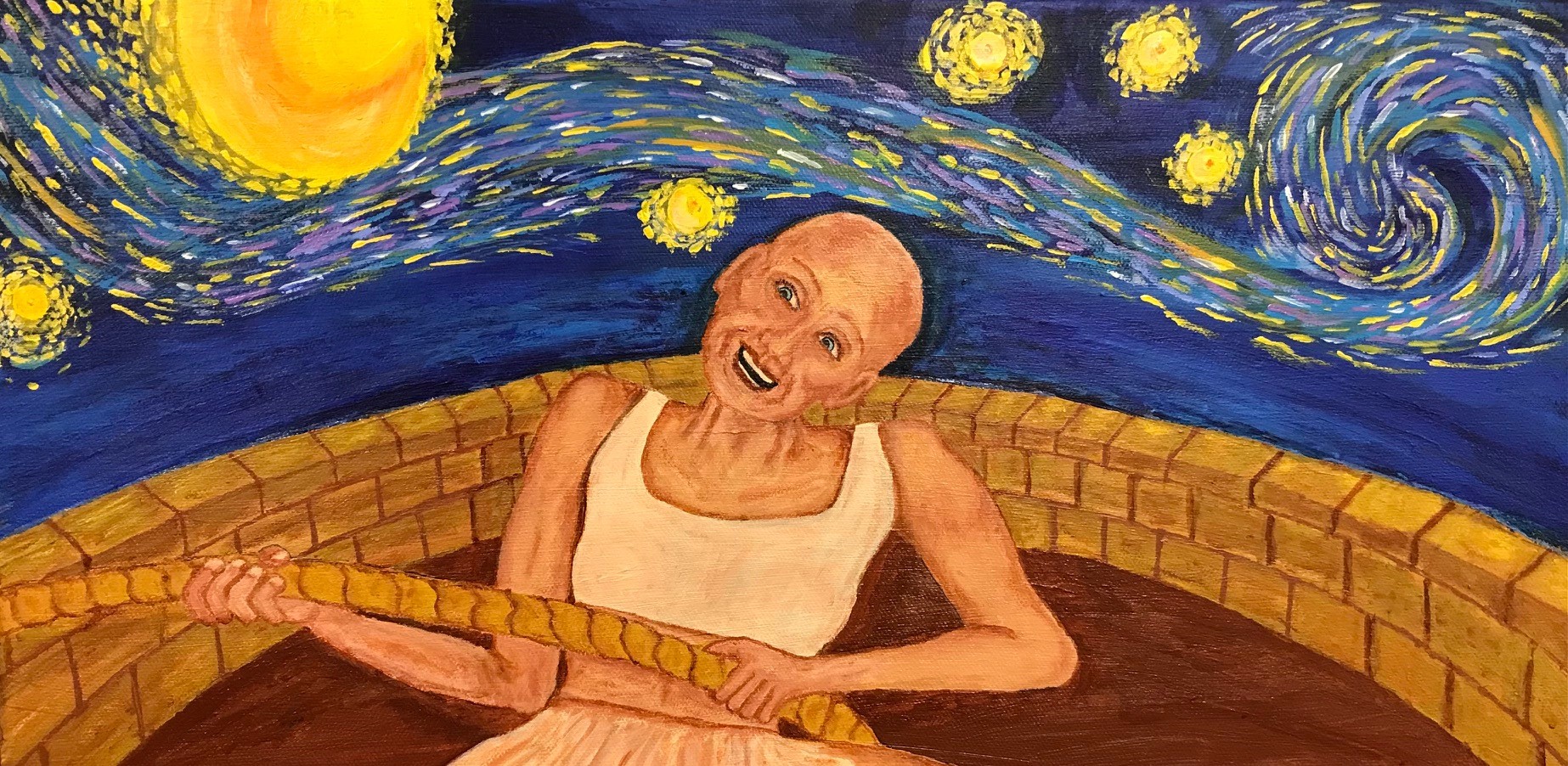 A figure in an arena below a starry night